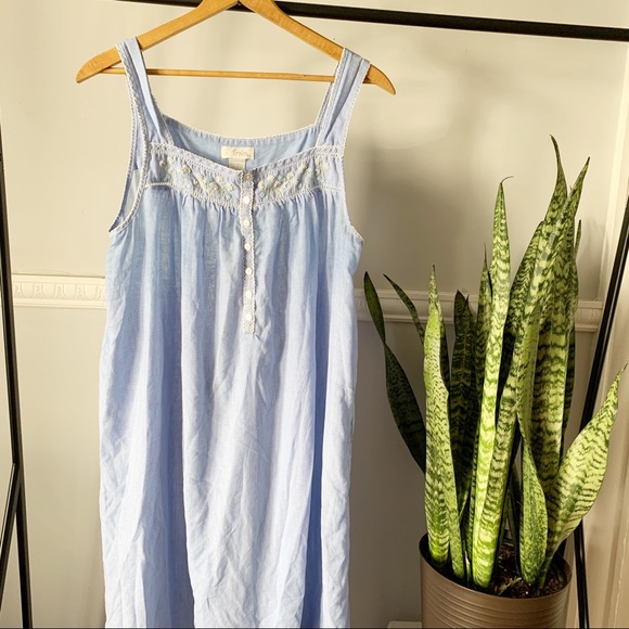 Vintage Blue Gingham Floral Embroidered Long Cami Nightgown L